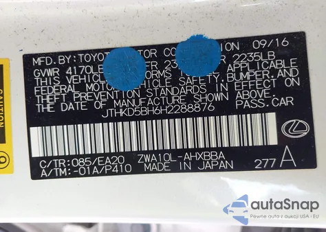 2017 Lexus Ct 200H из США, поврежденный, VIN JTHKD5BH6H2288876